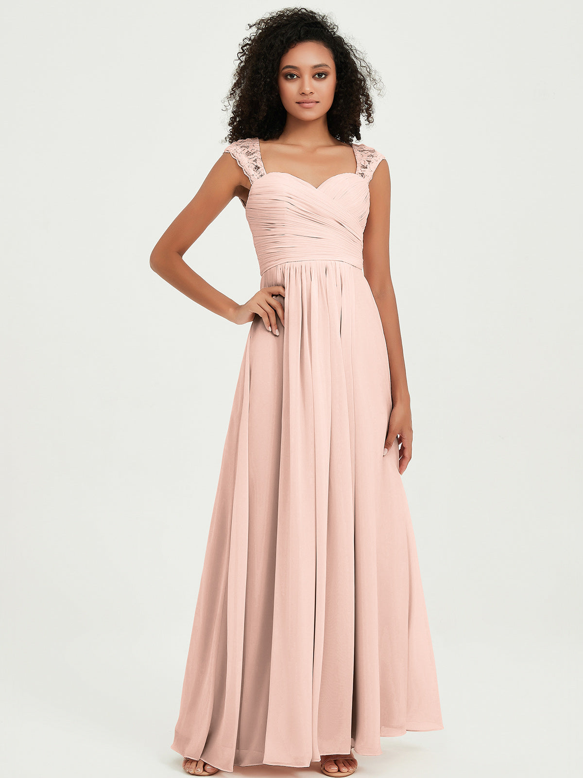Chiffon Bridesmaid Dresses with Lace Cap Sleeves Pearl Pink